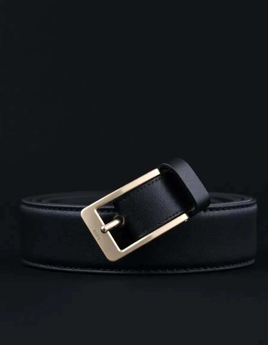 Men's black leather dress belt with polished silver buckle