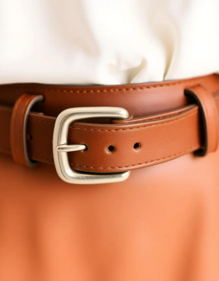 Women's thin brown leather waist belt on a floral dress
