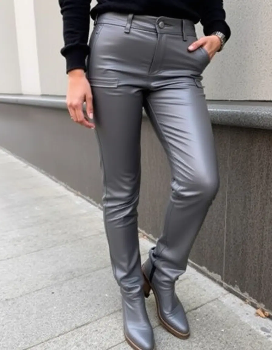 Gray PU leather pants