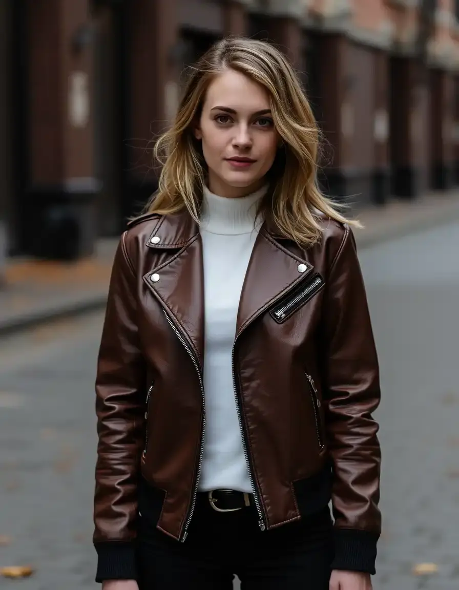 Brown bomber womens leather jacket with ribbed cuffs