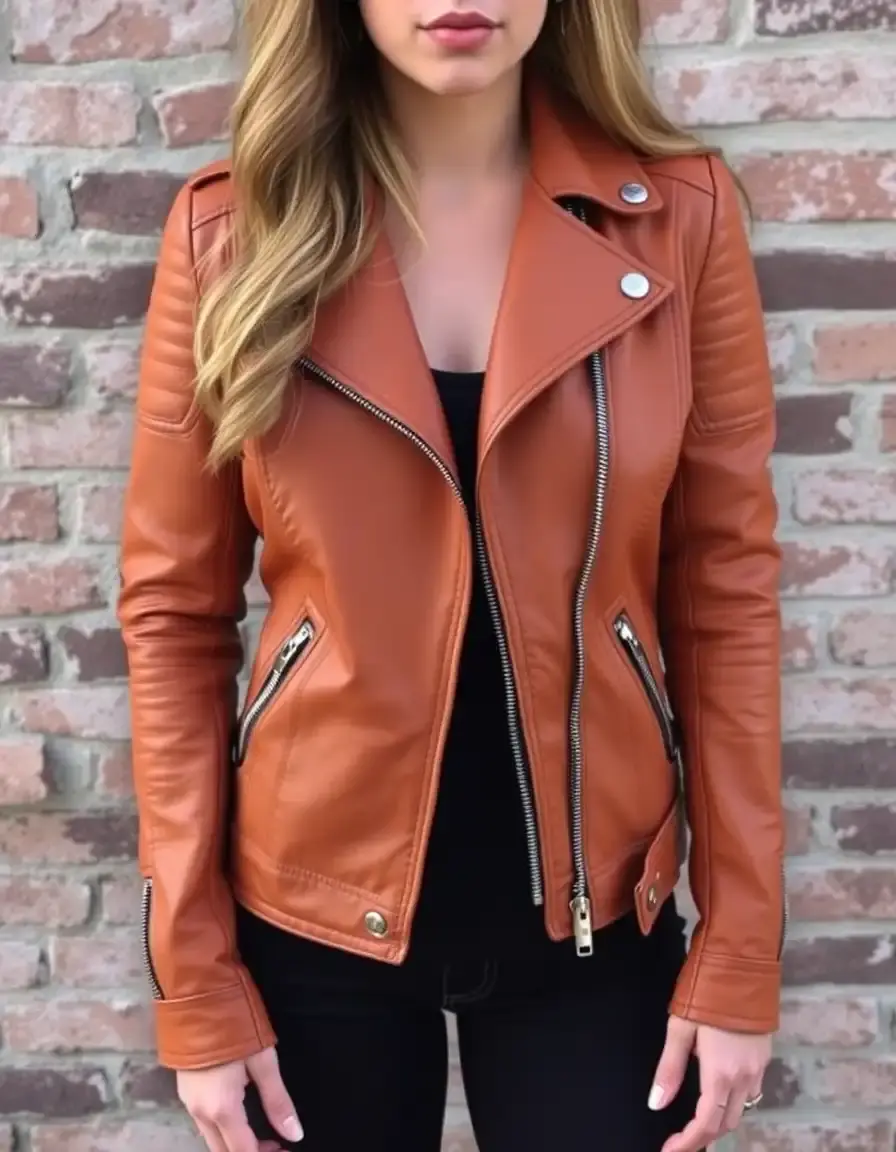 Tan moto womens leather jacket with snap collar