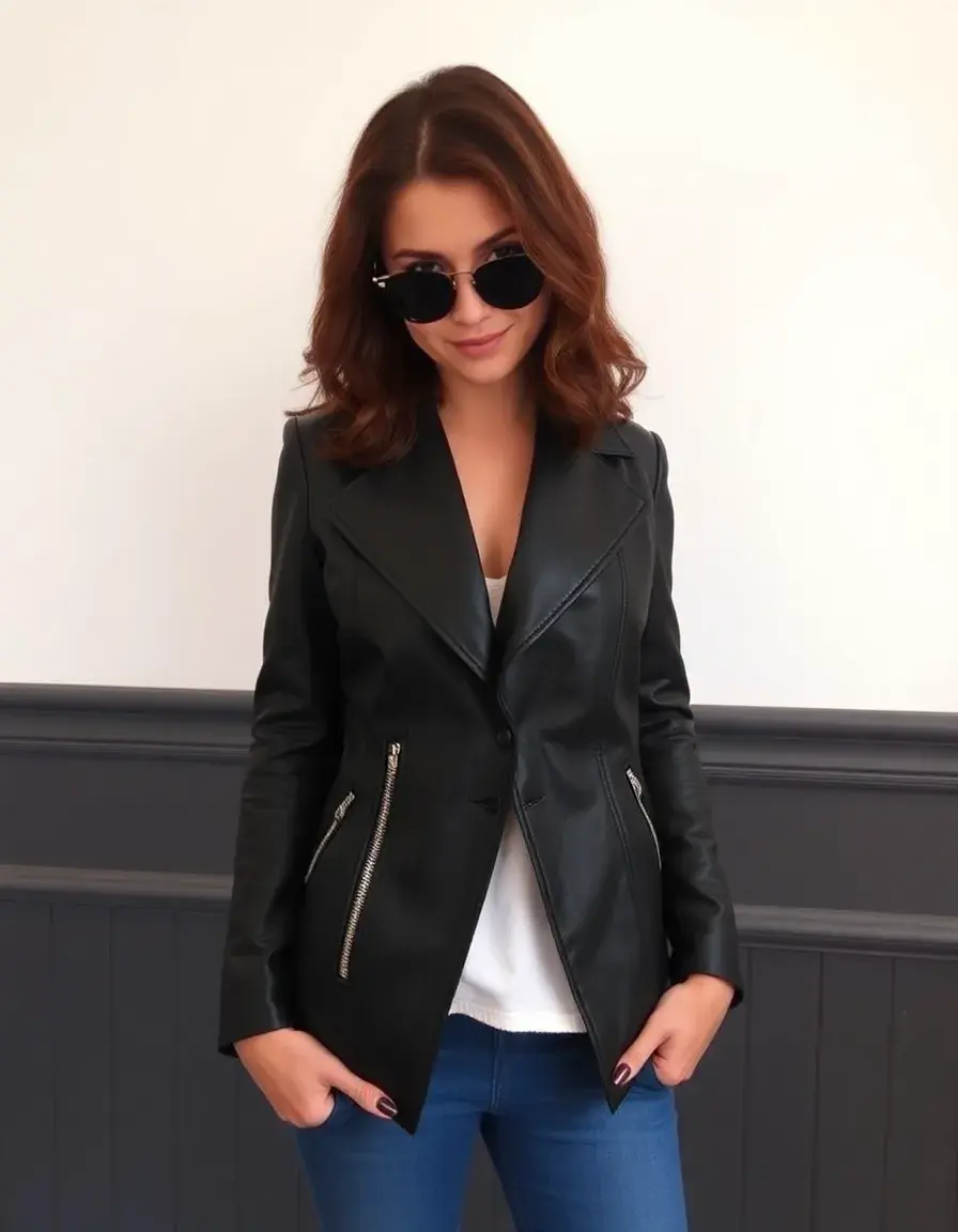 Black leather blazer jacket for women