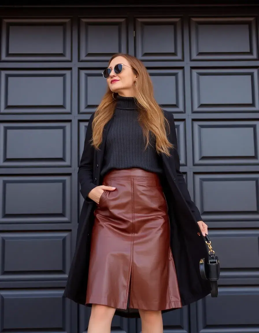 Brown midi faux leather skirt in a warm cognac tone