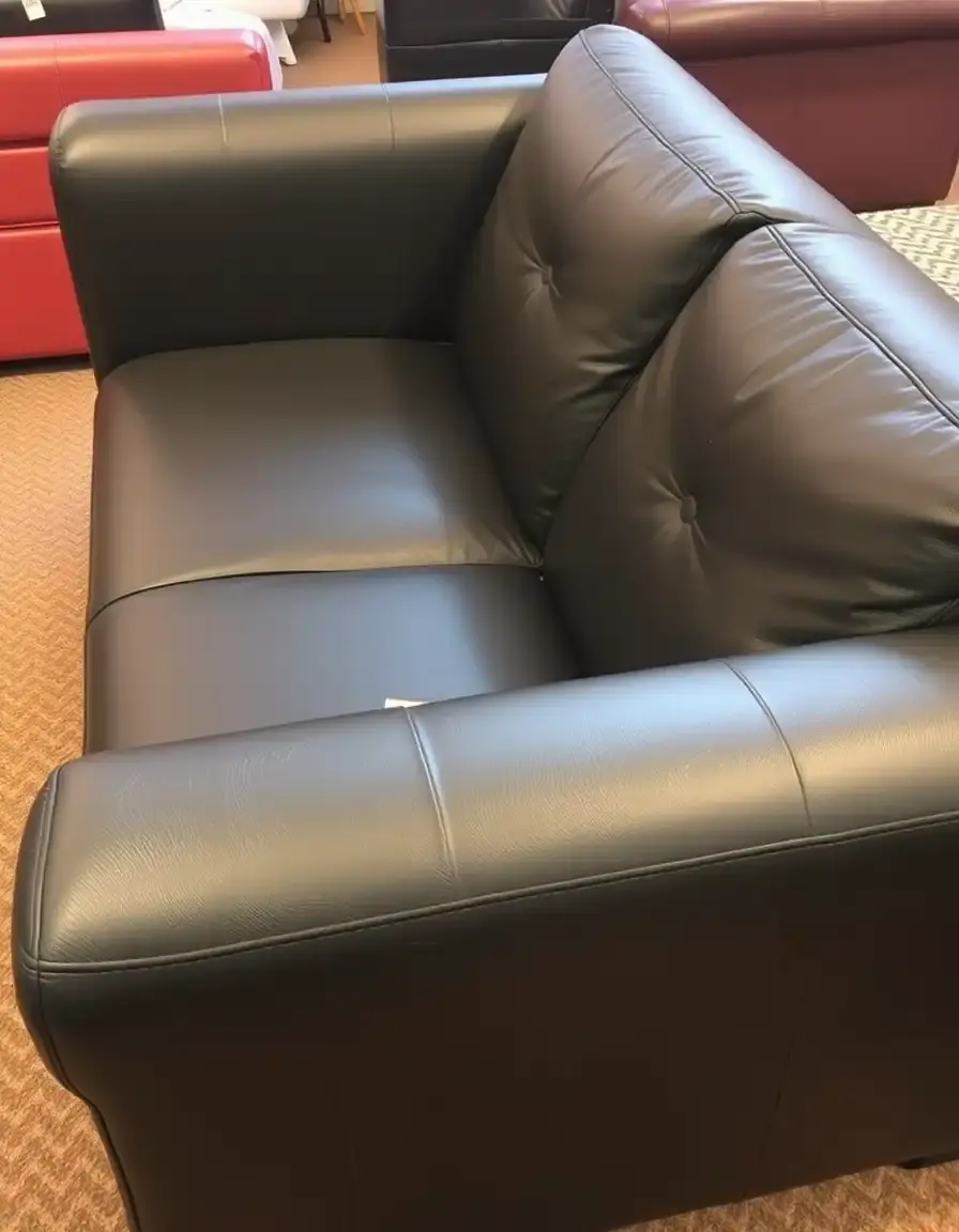 Black 3-seater faux leather sofa in a minimalist living room