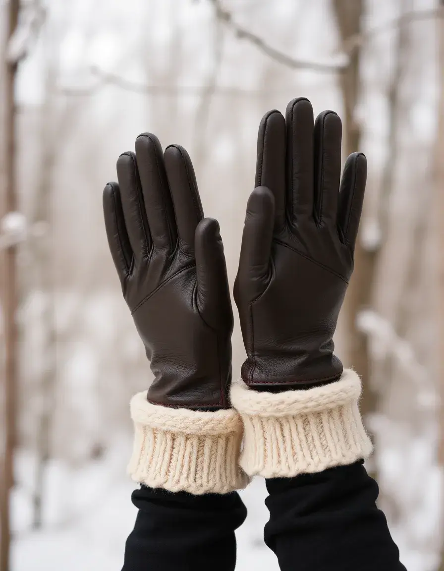 Lined leather gloves for winter, warm brown