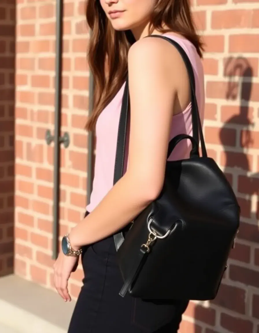 Black convertible leather backpack purse showing straps and texture