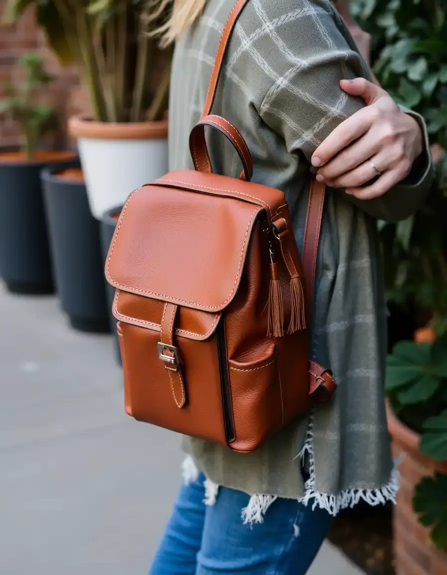 Brown small leather backpack purse on a neutral background