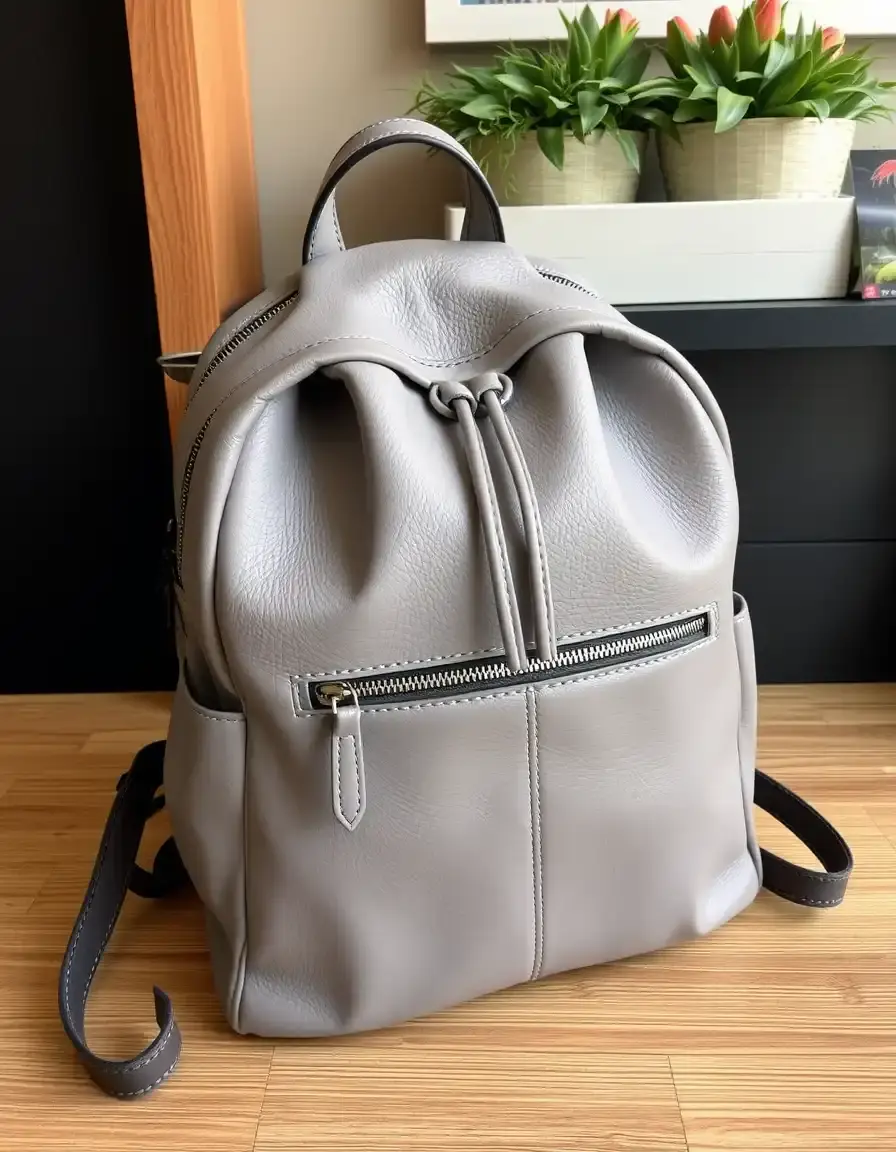 Gray designer leather backpack purse with silver hardware