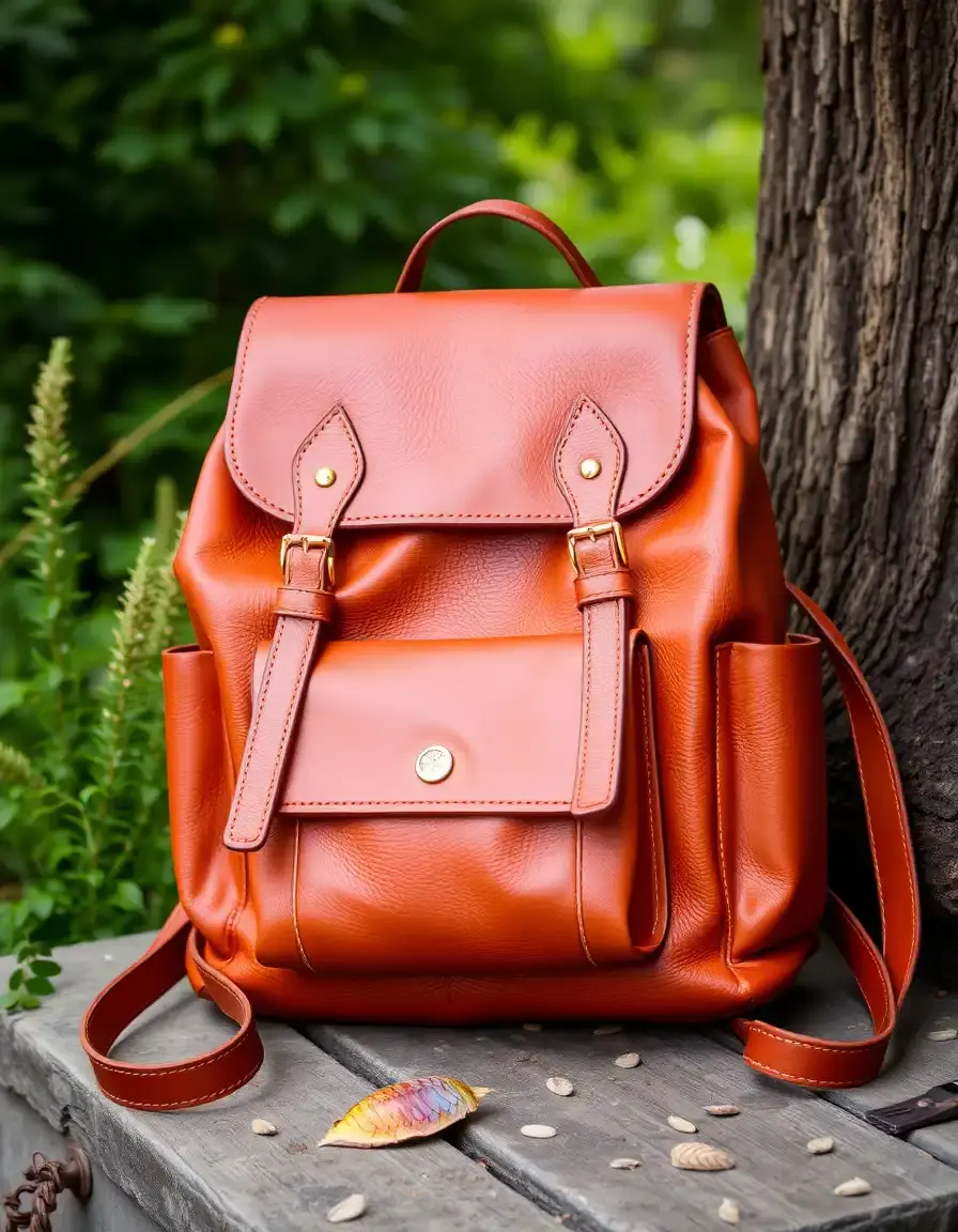 Tan travel leather backpack with multiple pockets