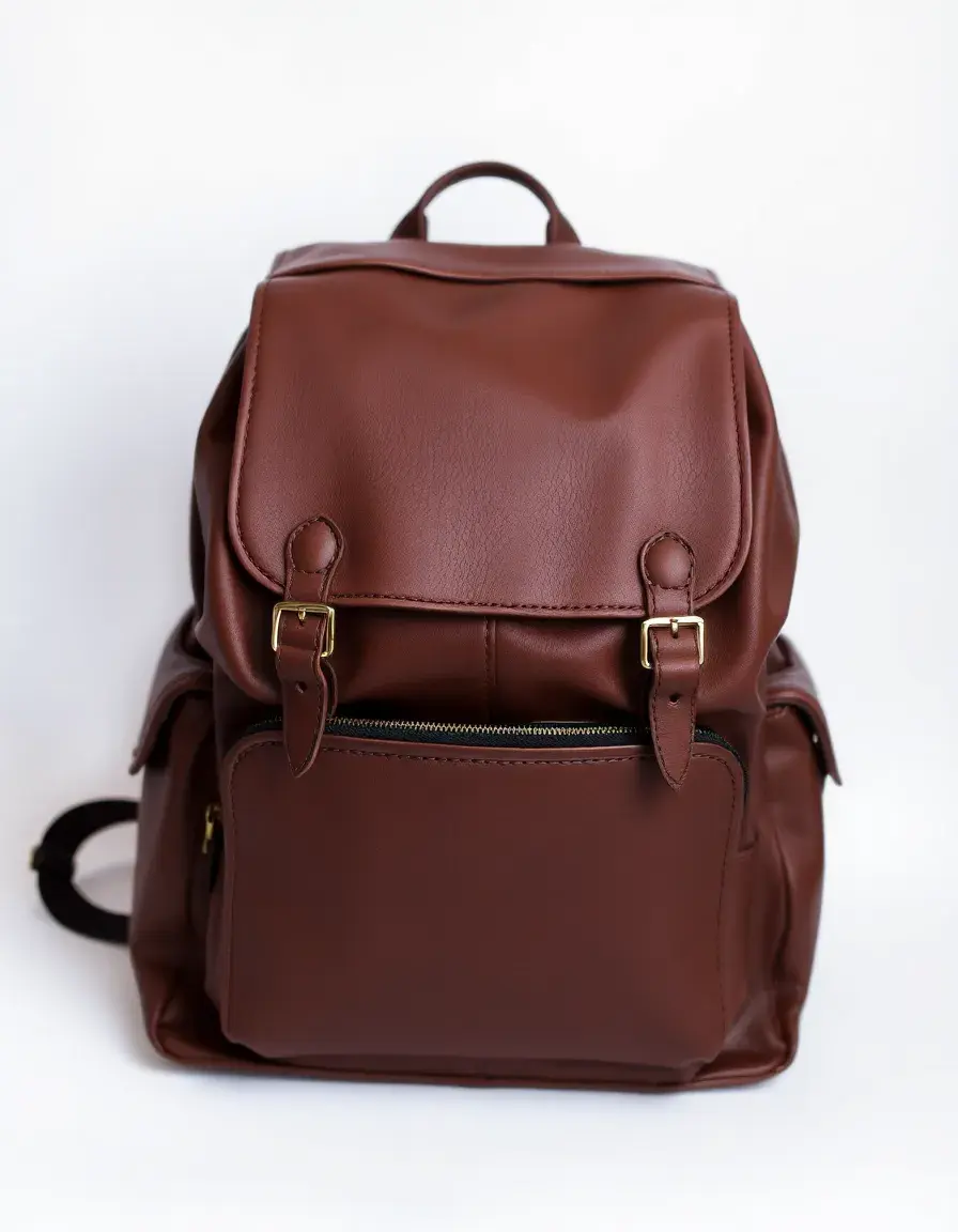 Brown school leather backpack with vintage buckles