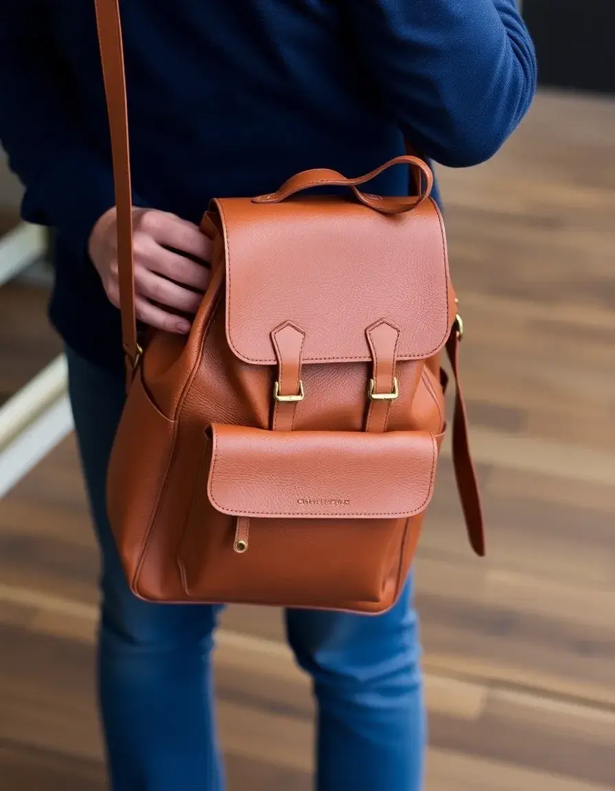 Tan laptop leather backpack with padded compartments