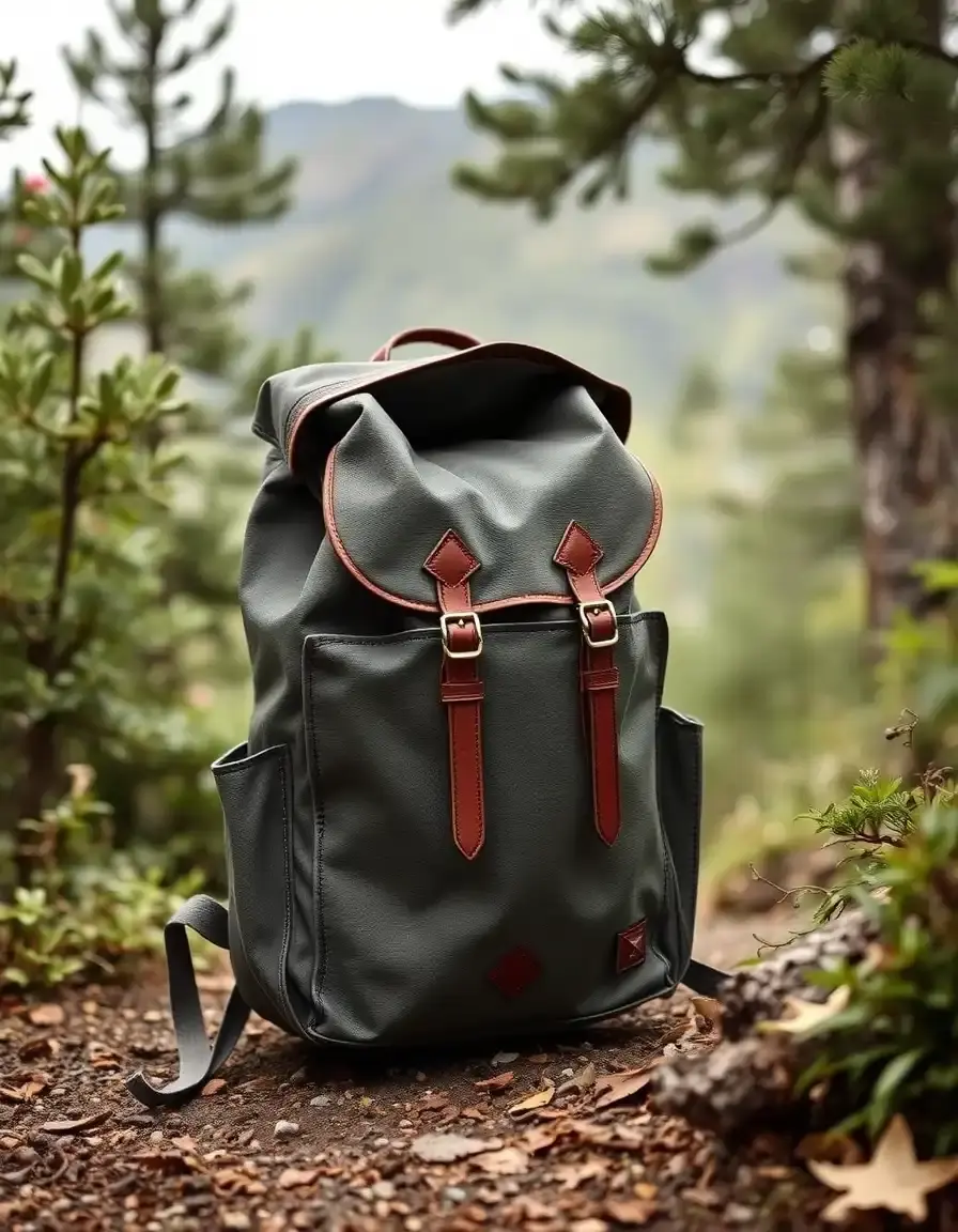 Gray hiking leather backpack with multiple pockets