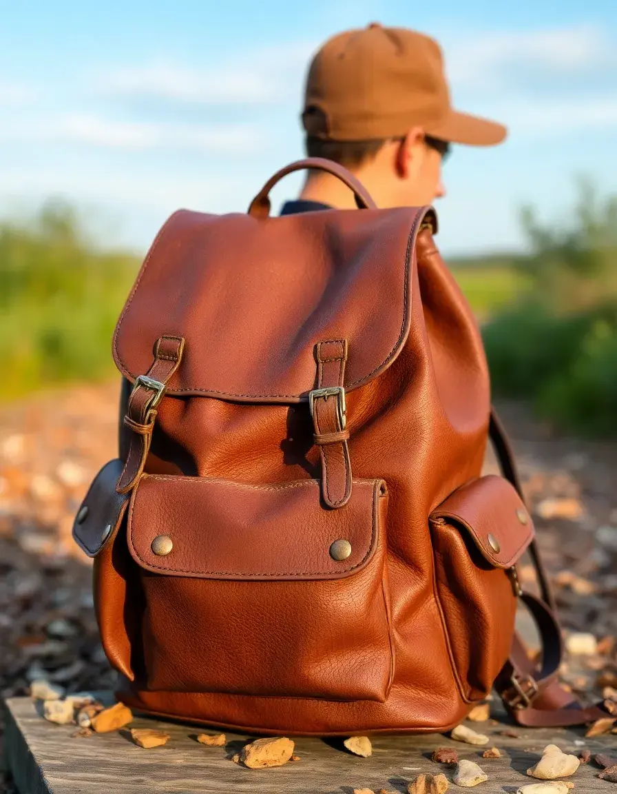 Brown vintage leather backpack with aged look