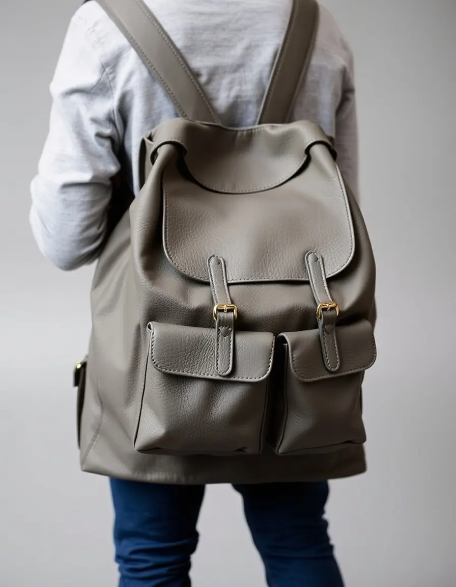 Gray large leather backpack for travel