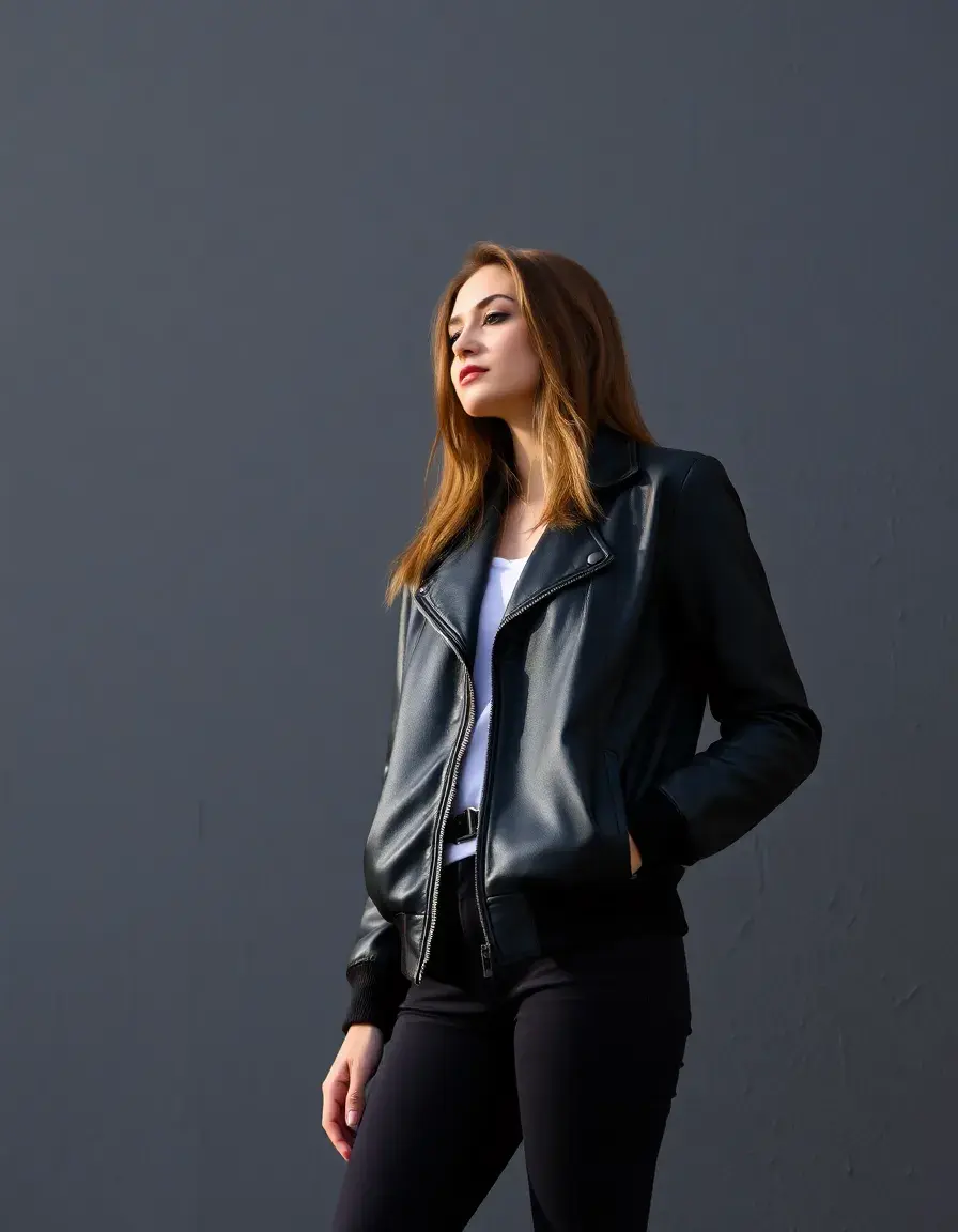 Classic black leather bomber jacket women style on a model