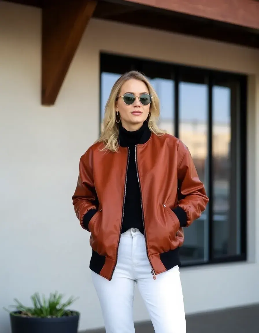Tan oversized leather bomber women