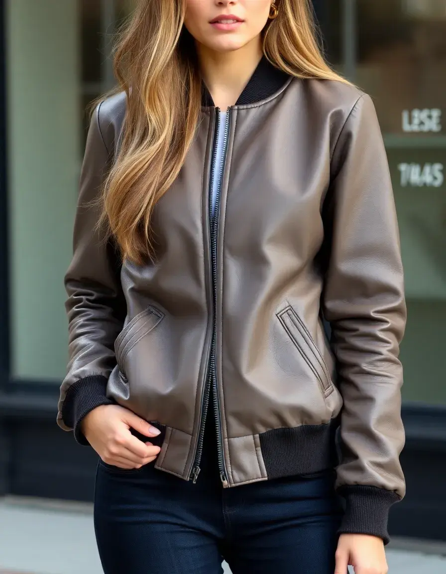 Gray vegan leather bomber women