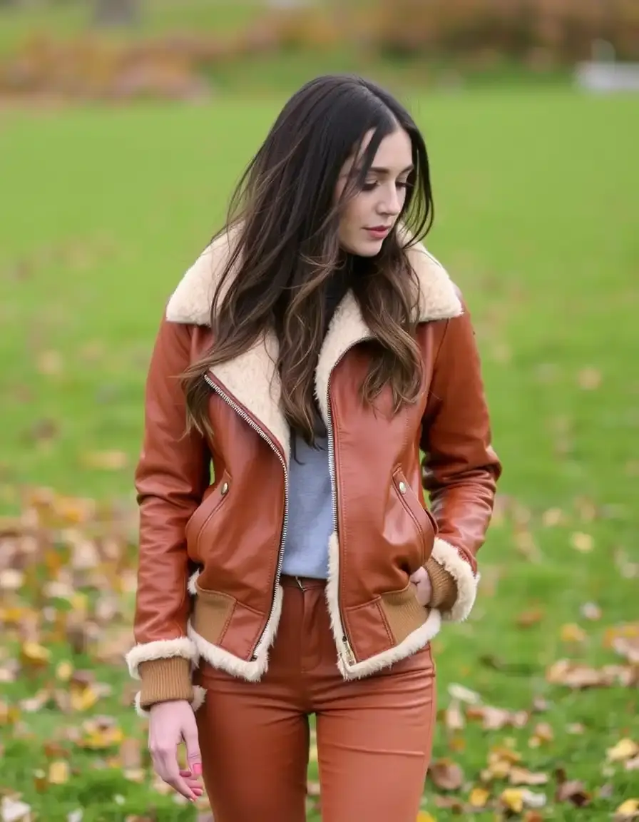 Tan shearling lined leather bomber women