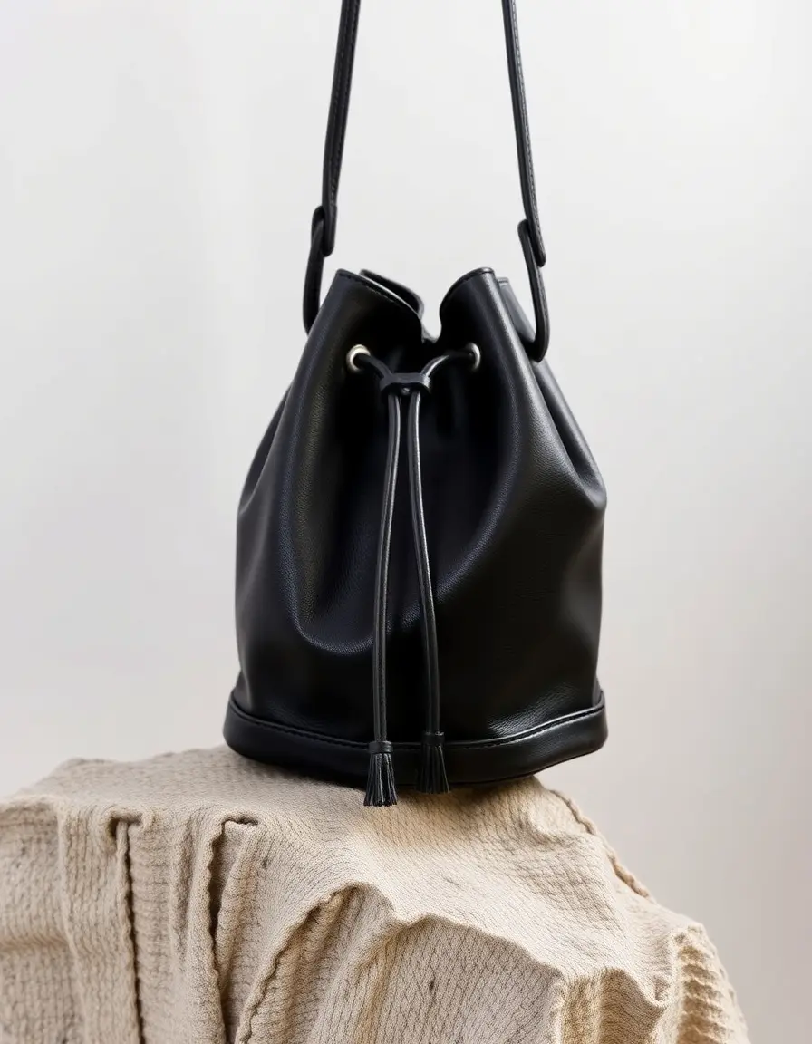 Black drawstring leather bucket bag
