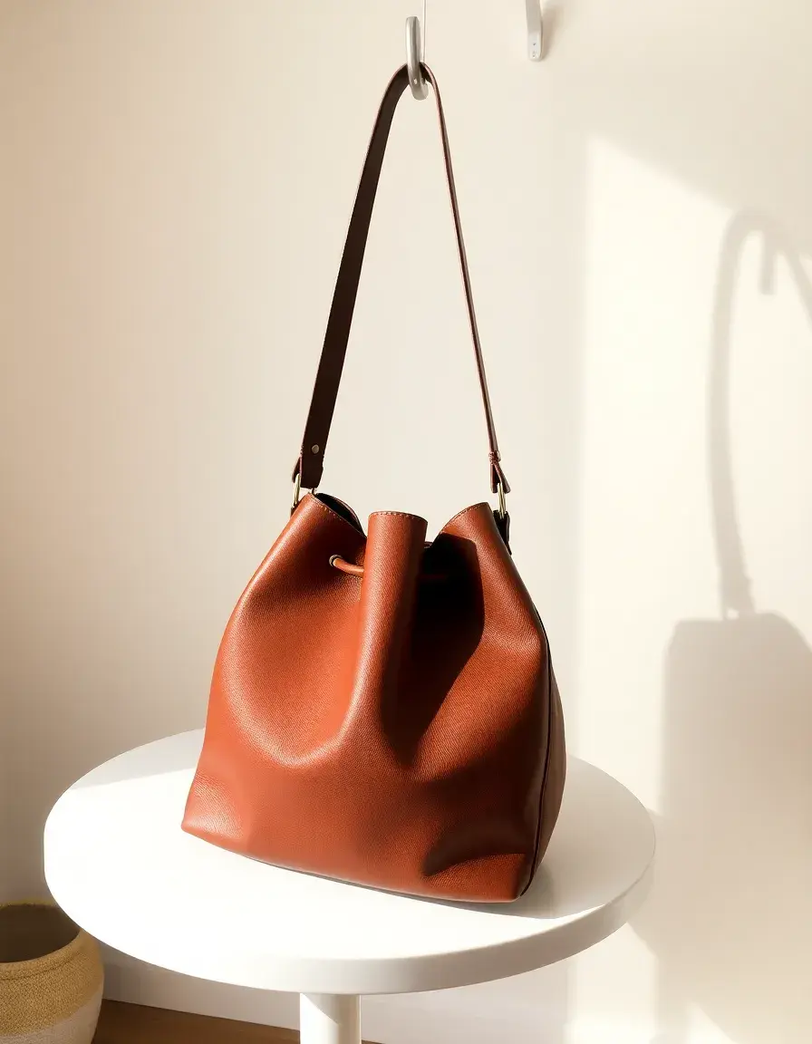 Brown large leather bucket bag