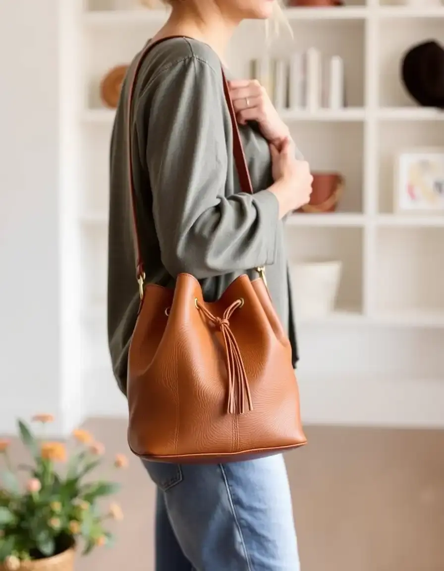 Tan small leather bucket bag