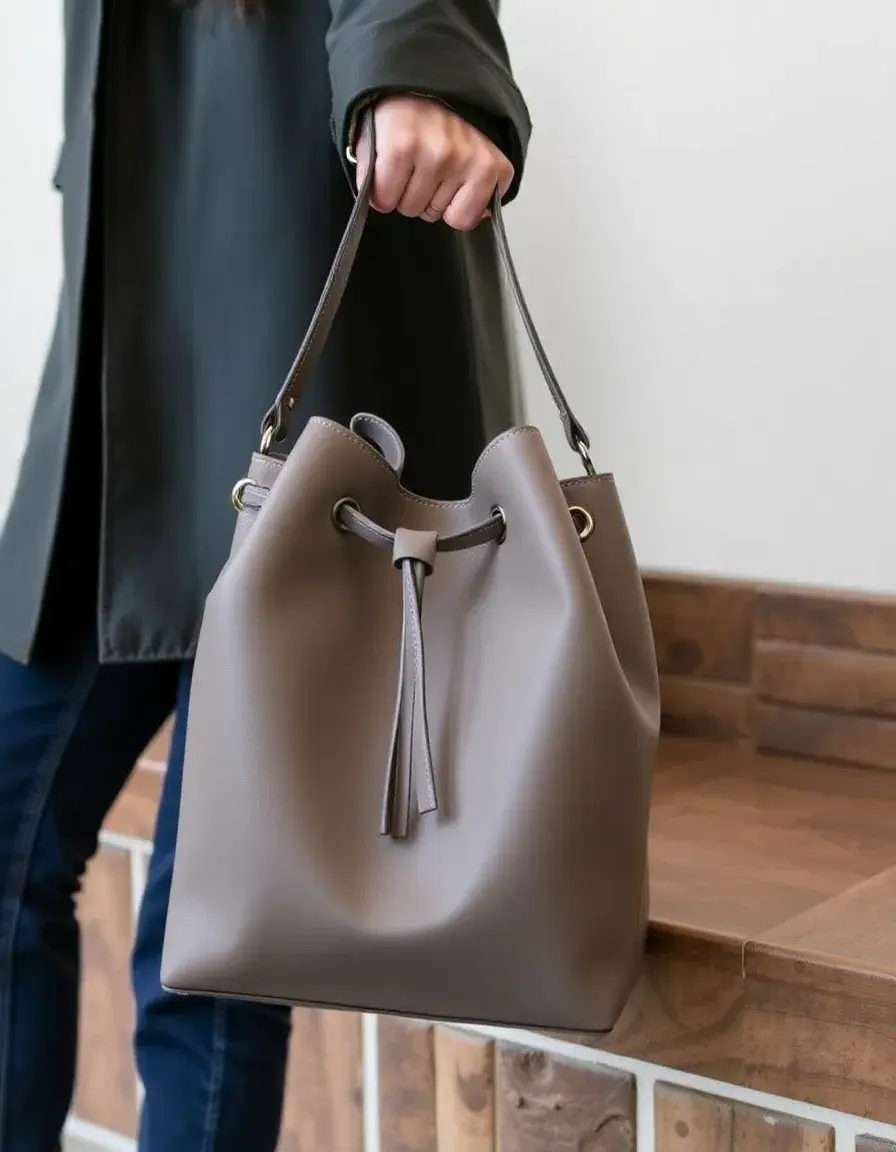 Gray designer leather bucket bag