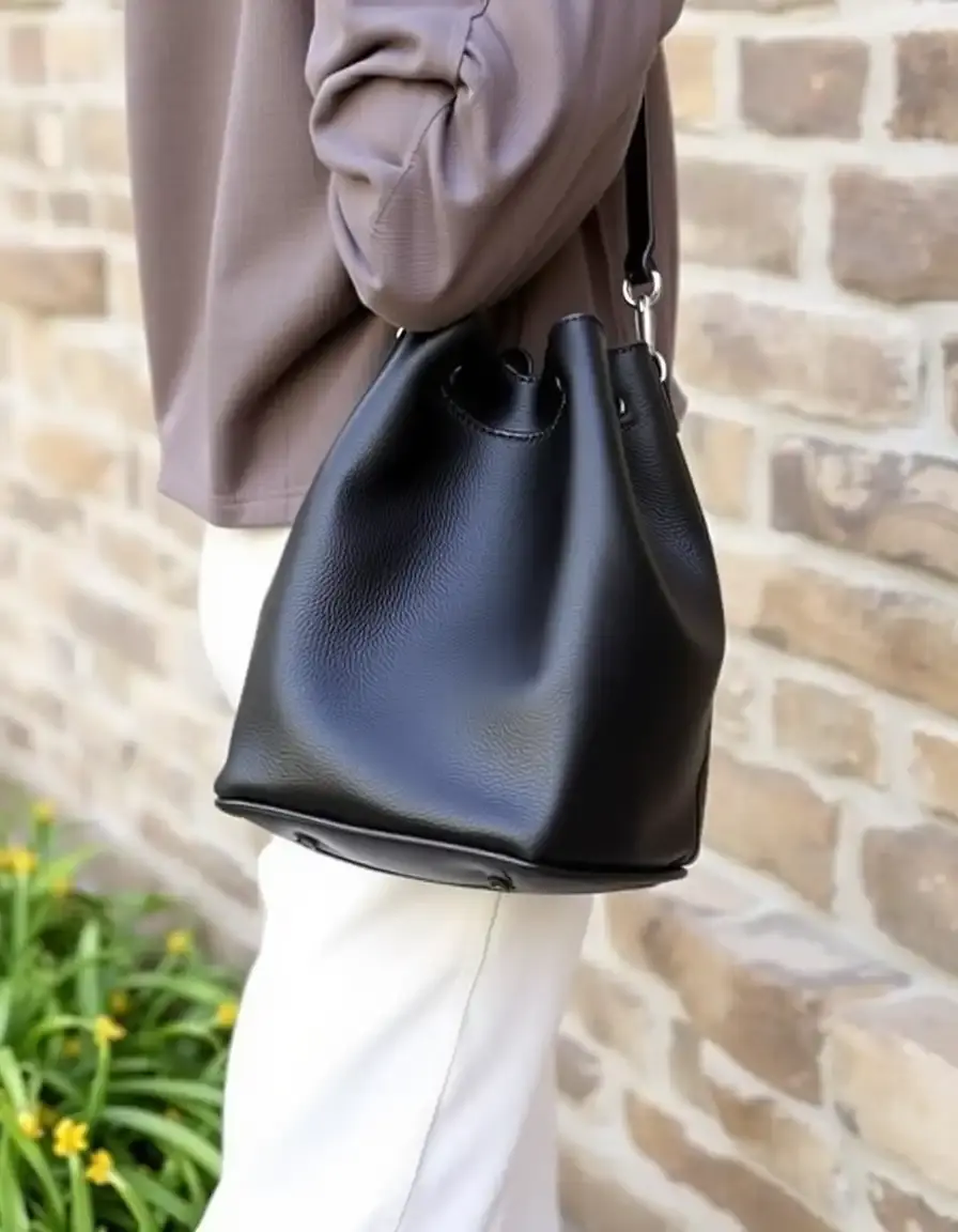 Black vegan leather bucket bag
