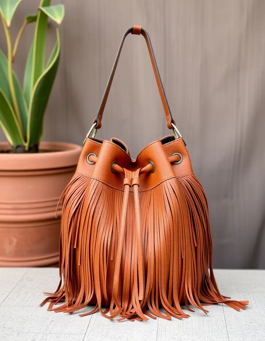 Brown fringe leather bucket bag