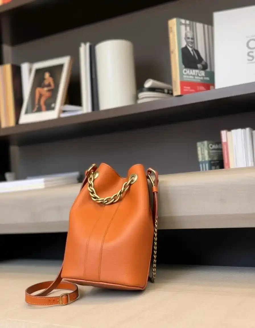 Tan chain strap leather bucket bag