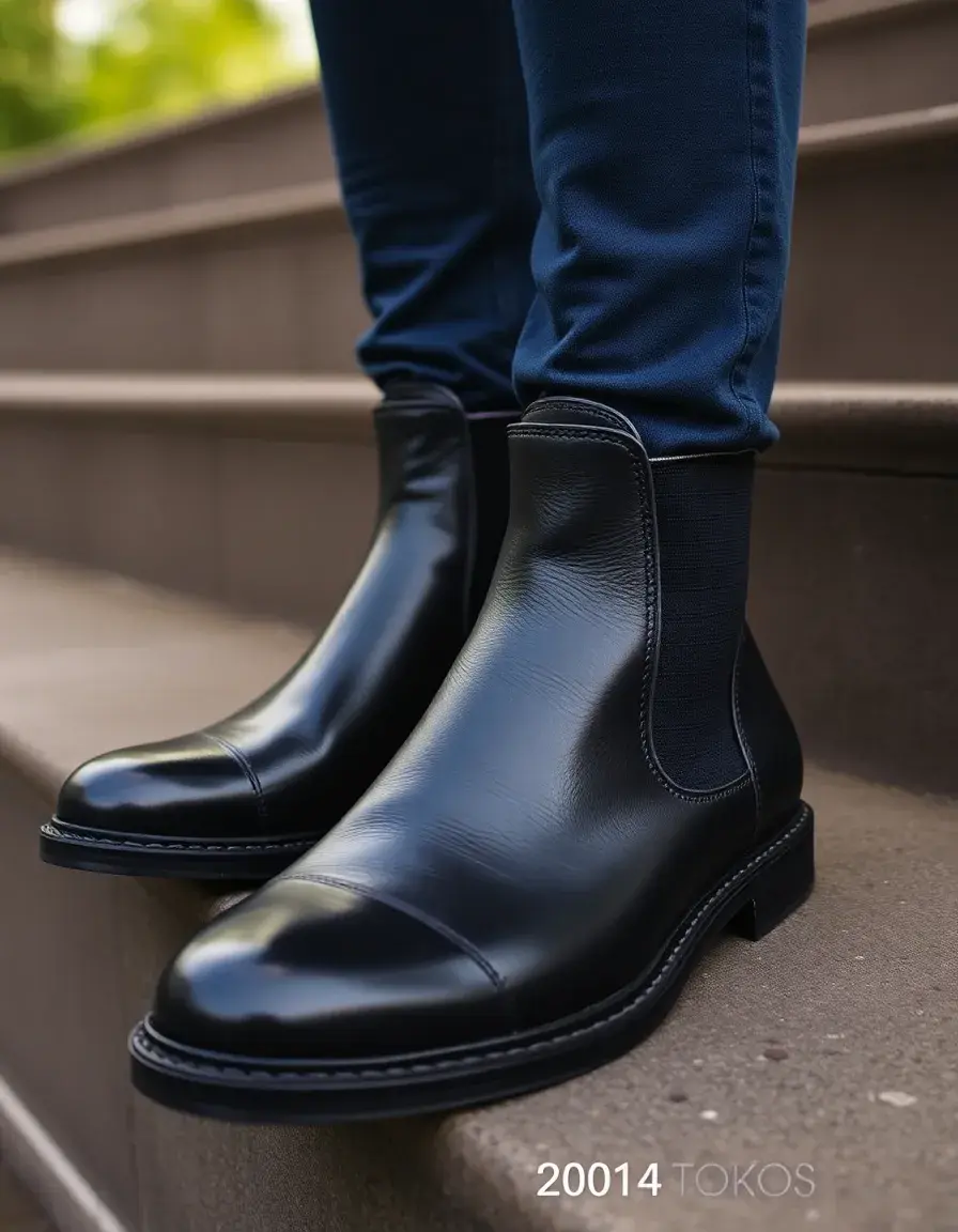 Black men's leather Chelsea boots on a neutral background