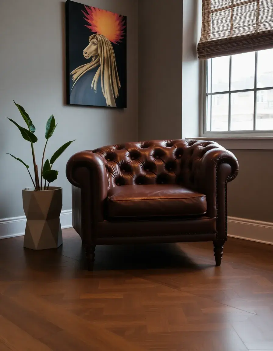 Brown tufted leather club chair in a warm study