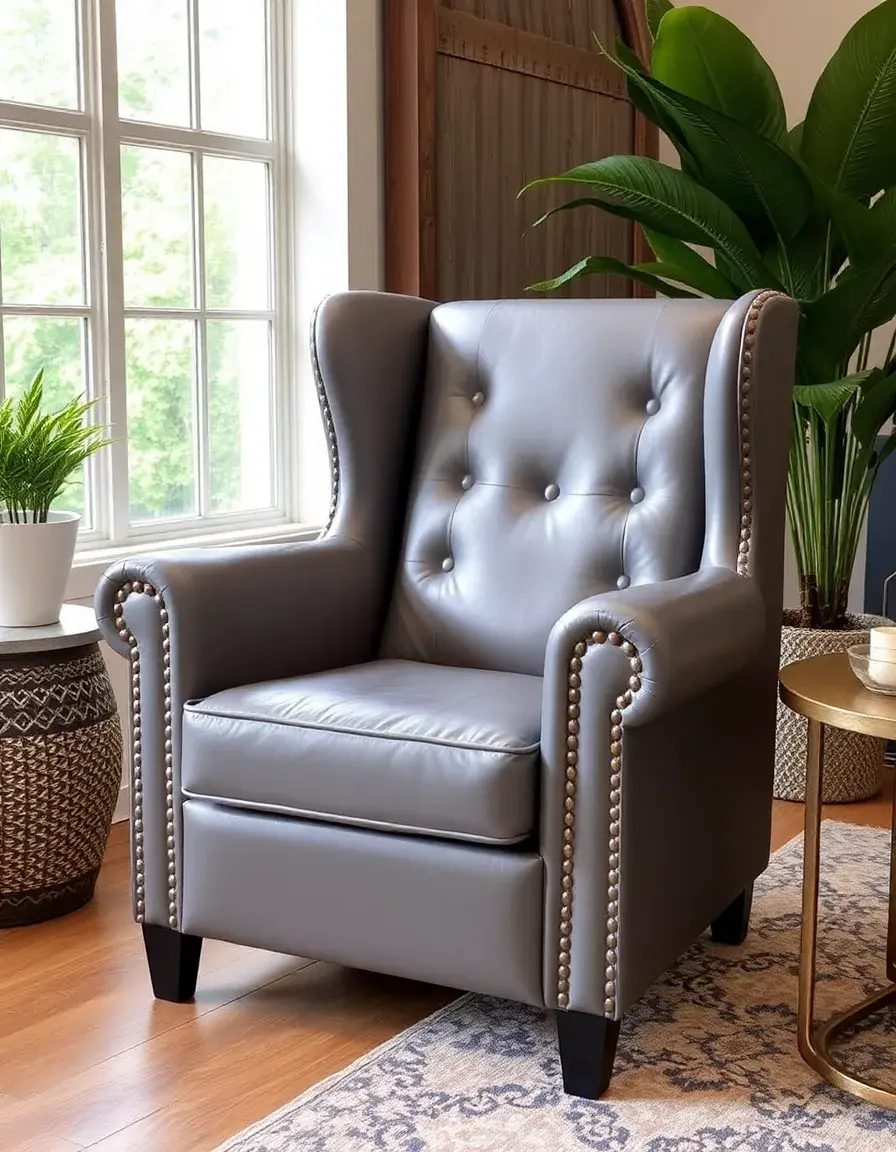 Gray high back leather club chair