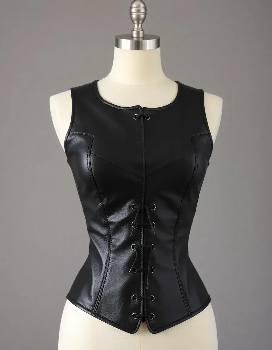 High-quality black leather corset top for women, front view on mannequin