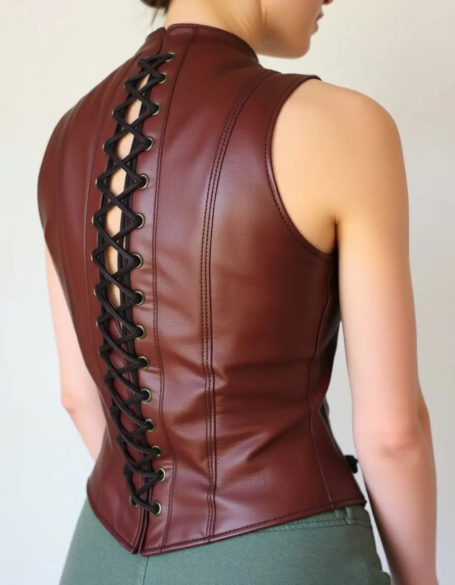 Vintage leather corset with lace-up back, side view