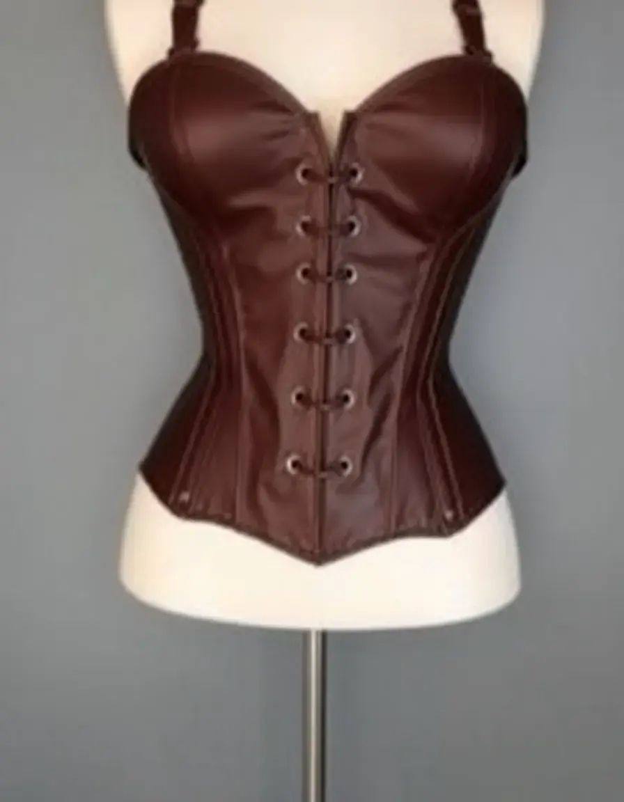 Overbust leather corset in brown, displayed flat