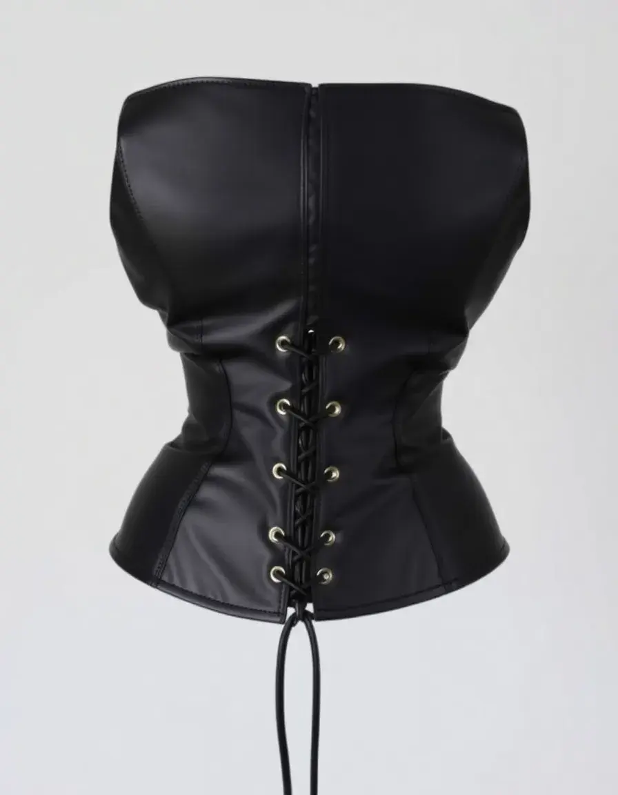 Plus size leather corset in nude, front and back views