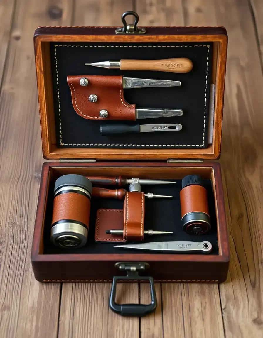 Leather patch kit with tools and open box