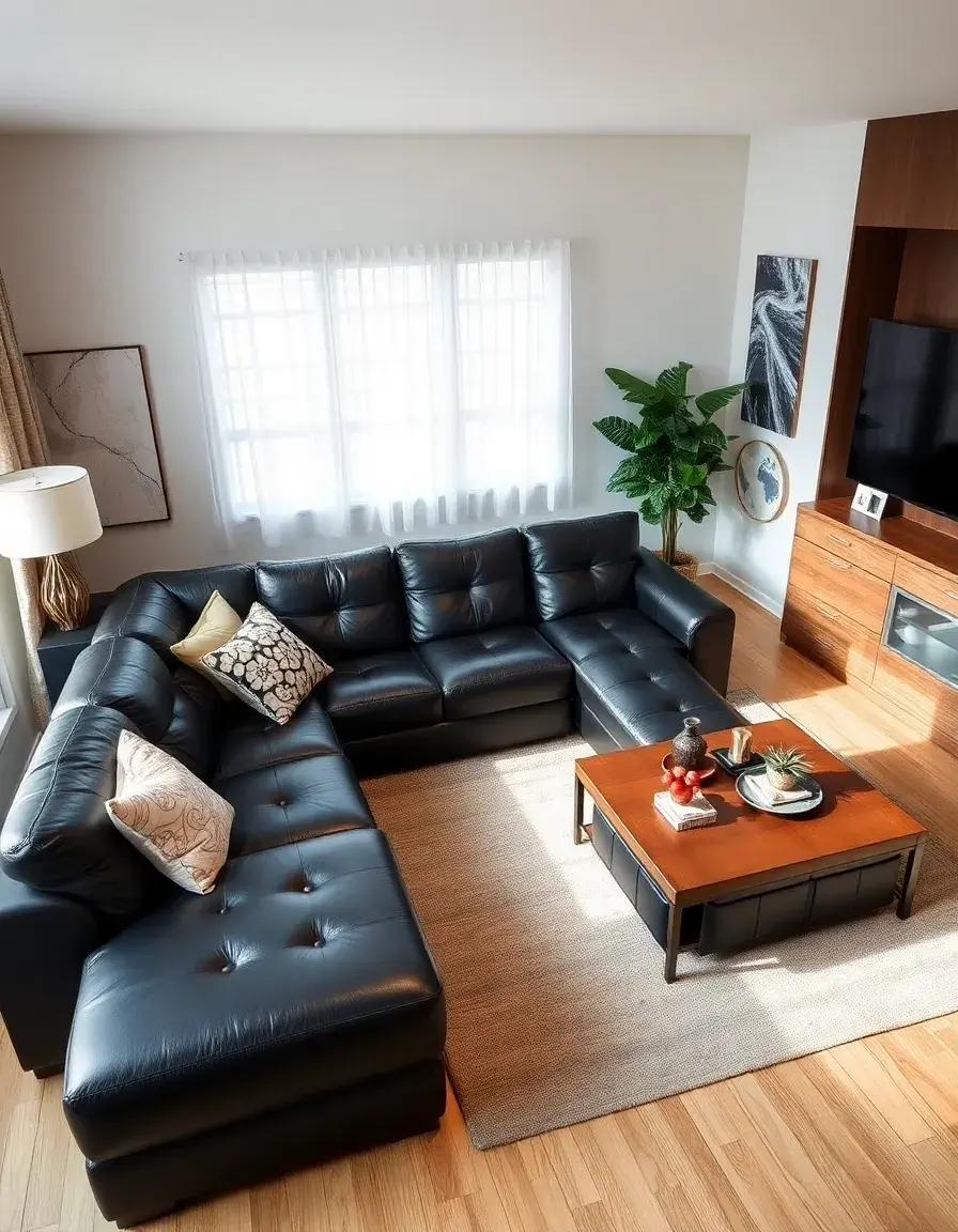 L-shaped black leather sectional sofa in living room