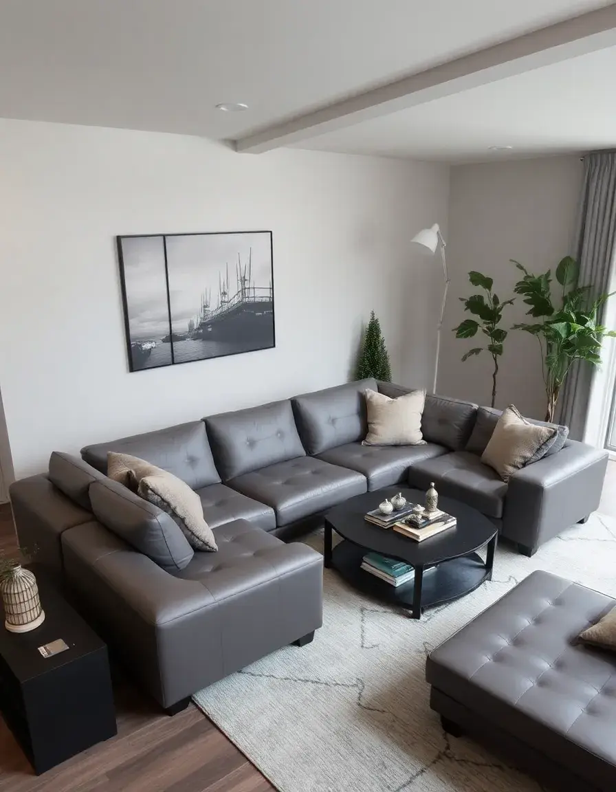 U-shaped gray leather sectional for large spaces