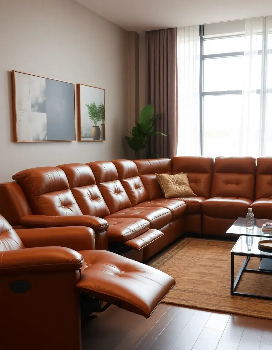 Reclining leather sectional in tan, extended view