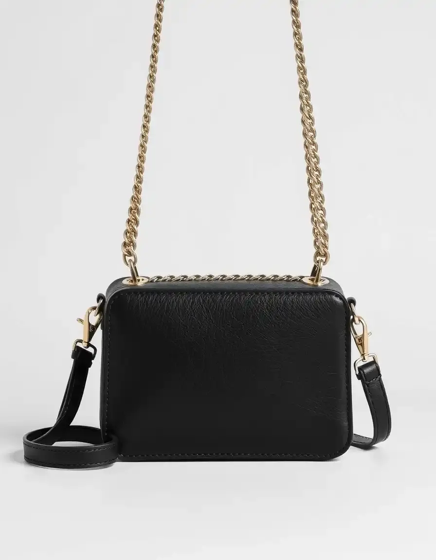 Compact black leather crossbody bag with chain strap
