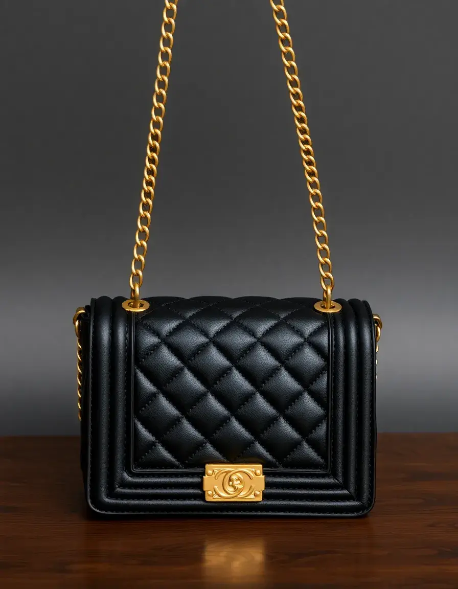 Quilted black leather crossbody with gold hardware