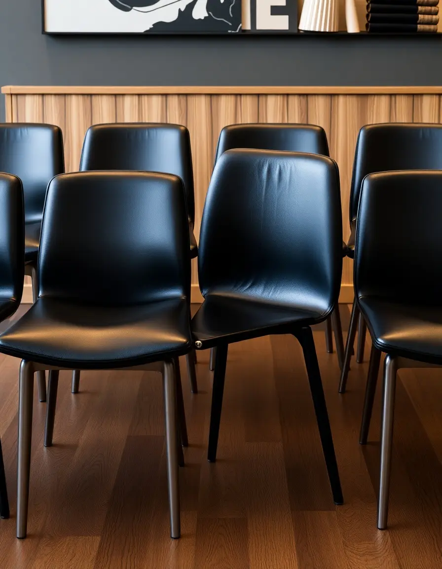 Modern black leather dining chairs in a minimalist dining room