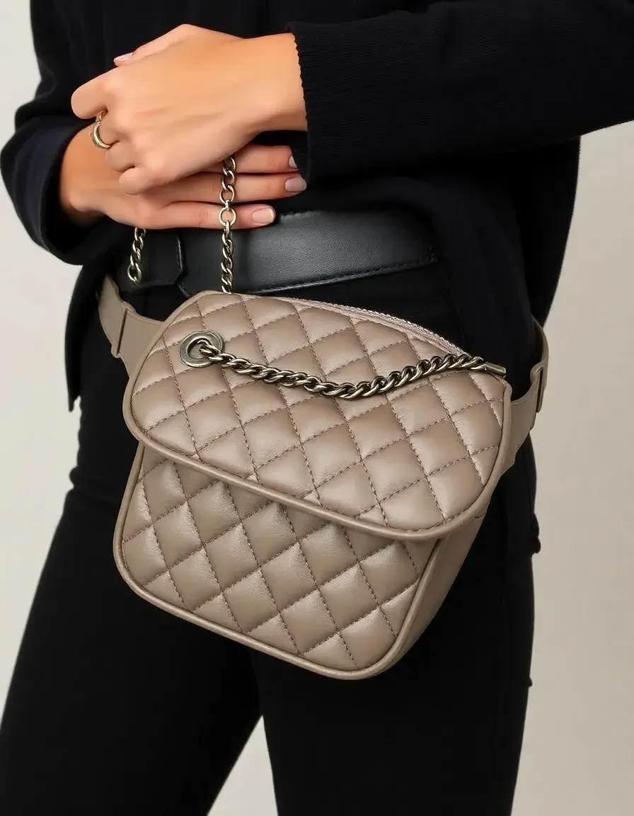 Quilted leather fanny pack with chain