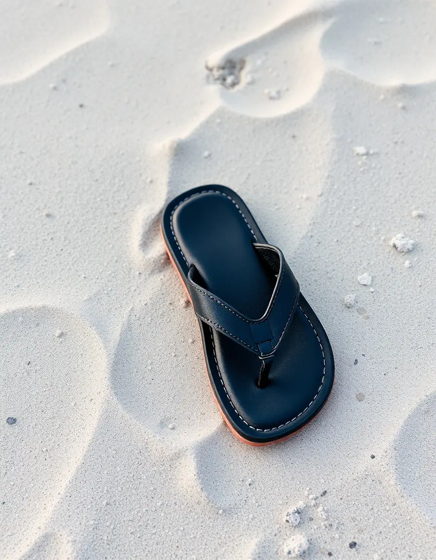 Men's black leather flip flops on beach sand showing grain texture