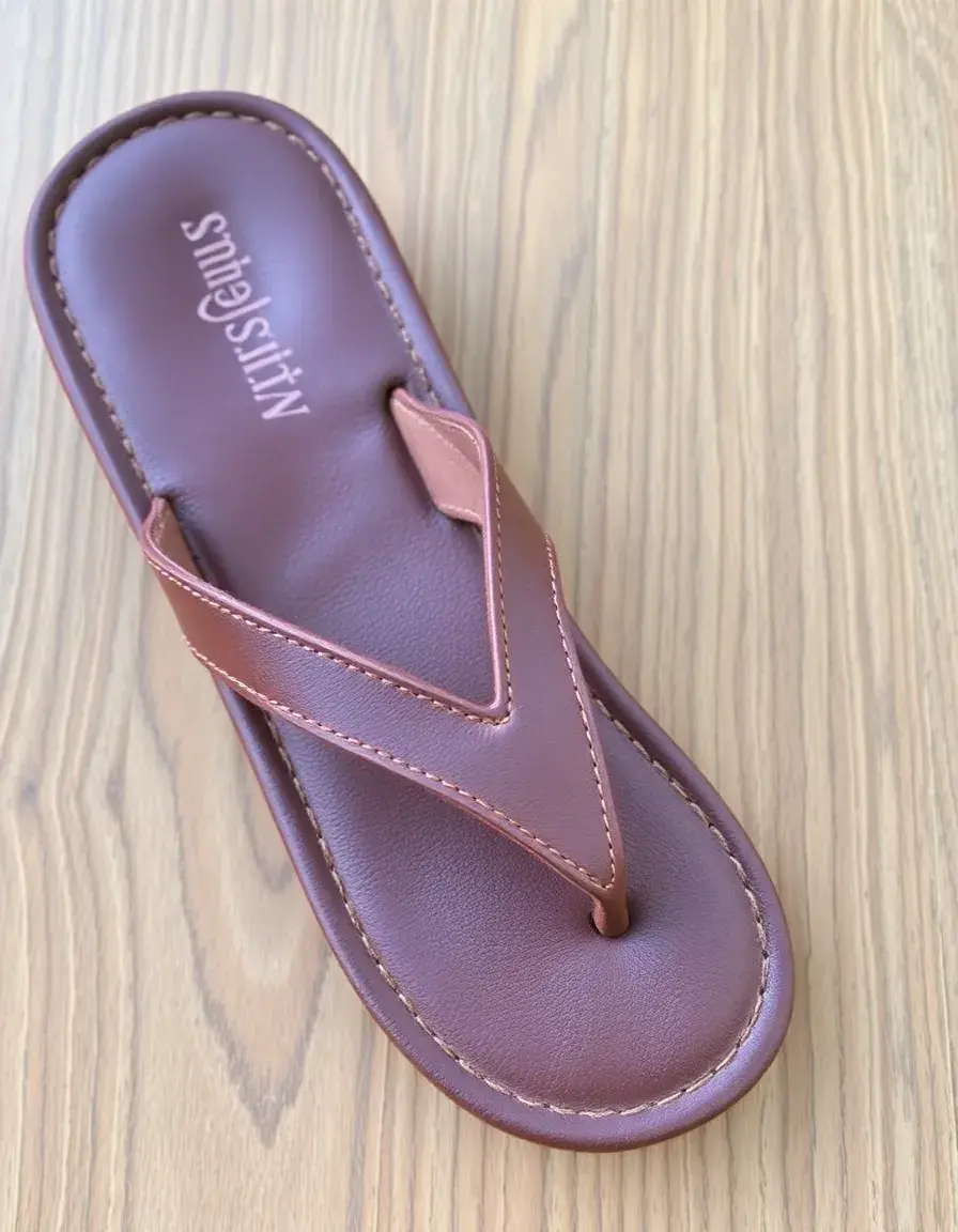 Women's brown leather flip flops with arch support on a wooden floor