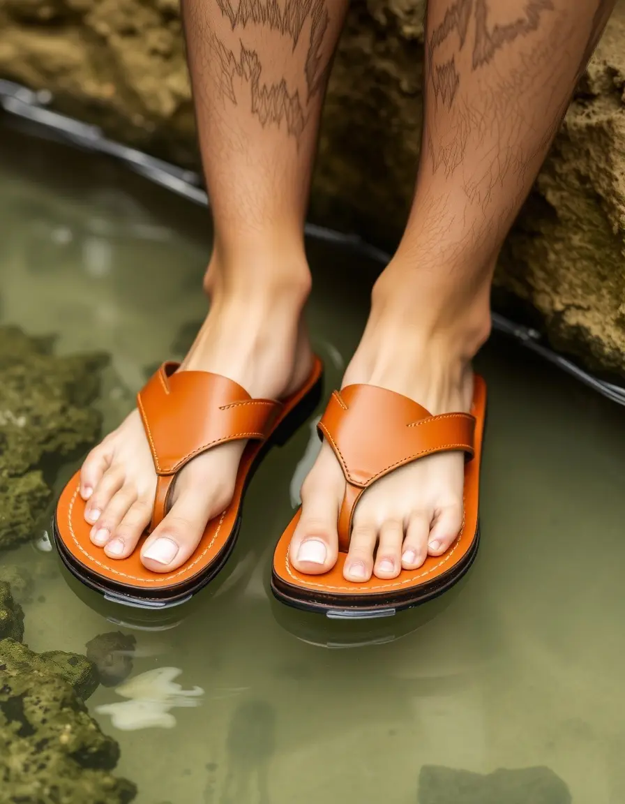 Waterproof tan leather flip flops near a pool