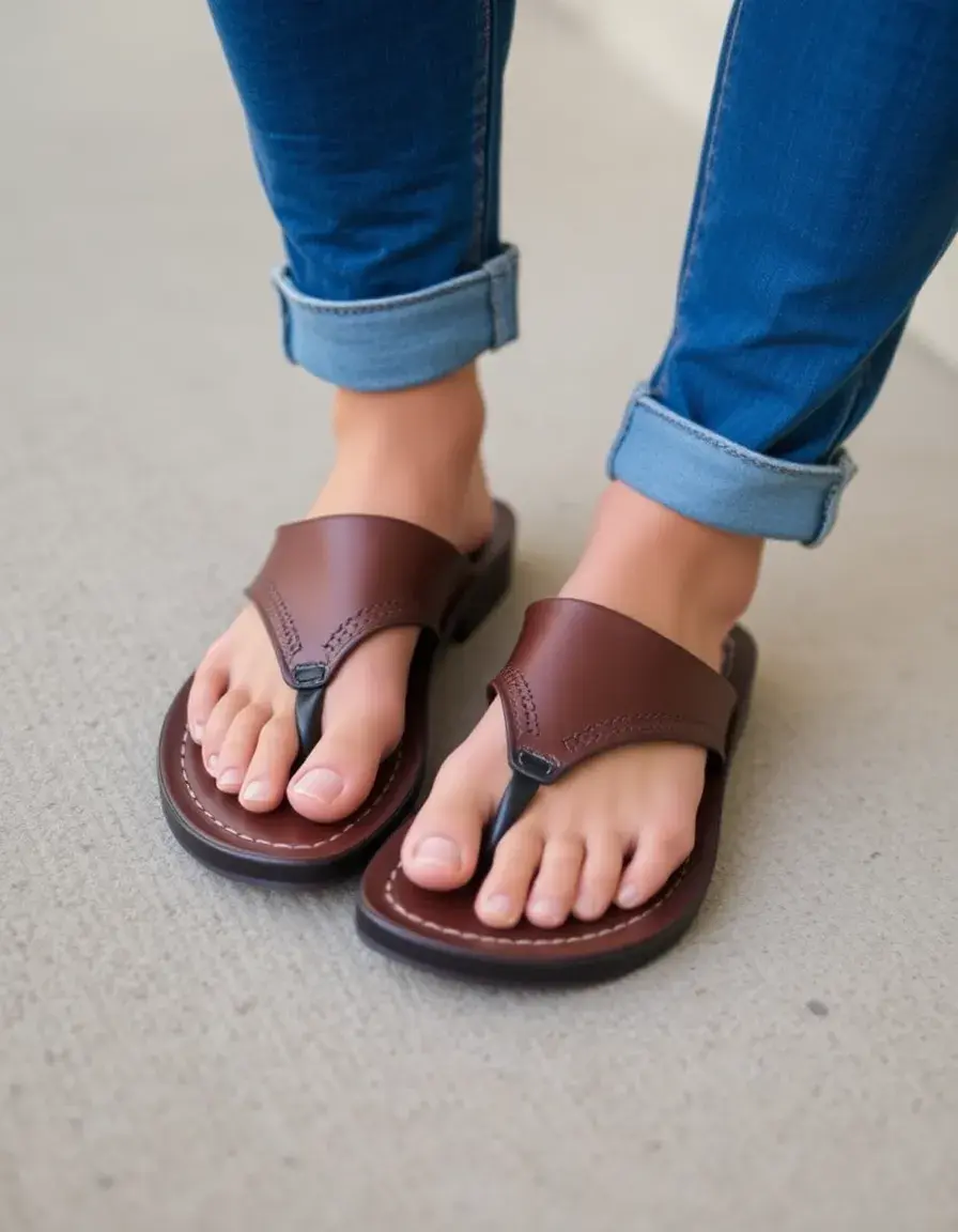 Orthopedic leather flip flops with thick cushioned sole