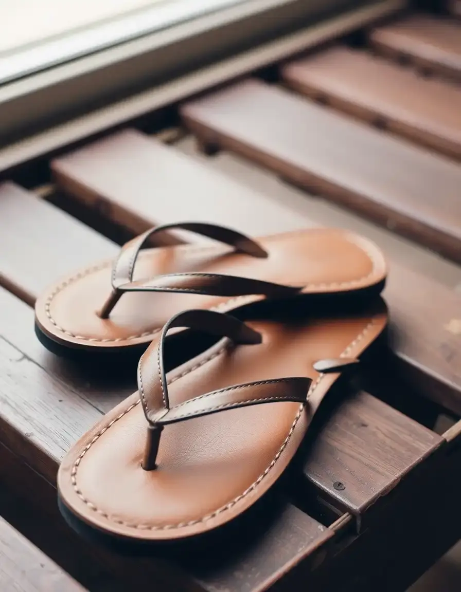 Vintage brown leather flip flops with hand-stitched details