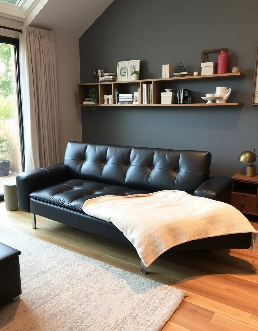 Black leather futon convertible to bed